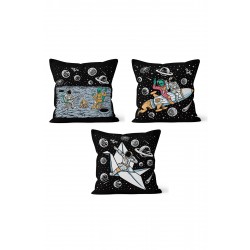 KS-100 Çift Tarafı Baskılı Astronot Desenli 3'lü Kırlent Kılıfı