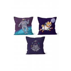 KS-102 Çift Tarafı Baskılı Astronot Desenli 3'lü Kırlent Kılıfı