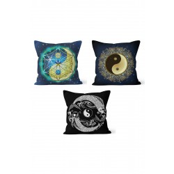 KS-161 Çift Tarafı Baskılı Yin Yang Desenli 3'lü Kırlent Kılıfı