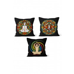 KS-164 Çift Tarafı Baskılı Yoga Desenli 3'lü Kırlent Kılıfı