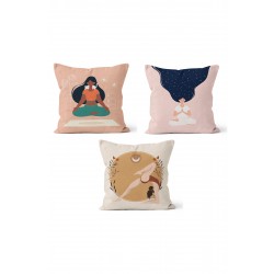 KS-166 Çift Tarafı Baskılı Yoga Desenli 3'lü Kırlent Kılıfı