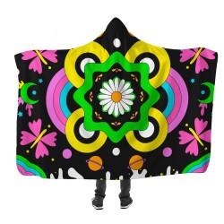 Psikedelik Papatya ve Objeler Kapşonlu Battaniye