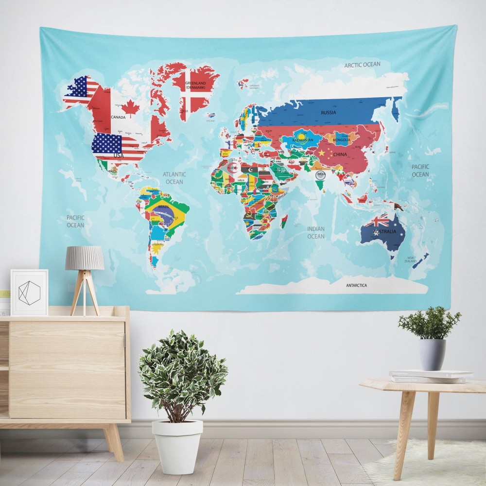 Bayraklı Dünya Haritası Duvar Örtüsü