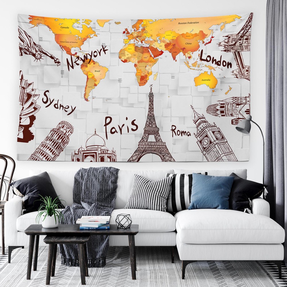 Dünya Haritası Paris Newyork Duvar Örtüsü